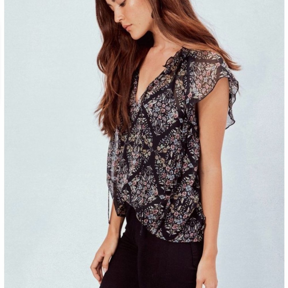 Black Floral Flutter Sleeve Blouse